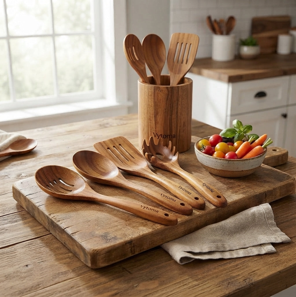 Teak Wood 9-Piece Kitchen Utensil Set with Spoon Rest