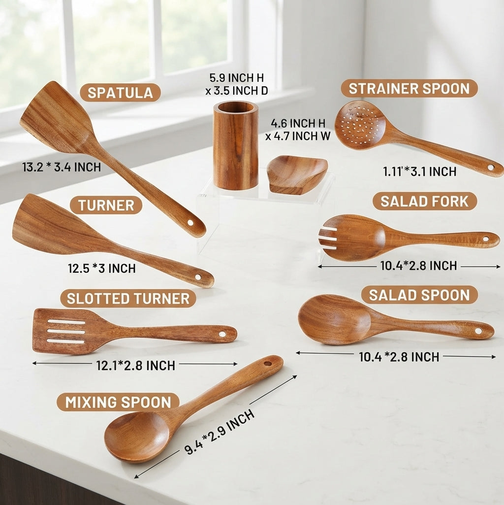 Teak Wood 9-Piece Kitchen Utensil Set with Spoon Rest