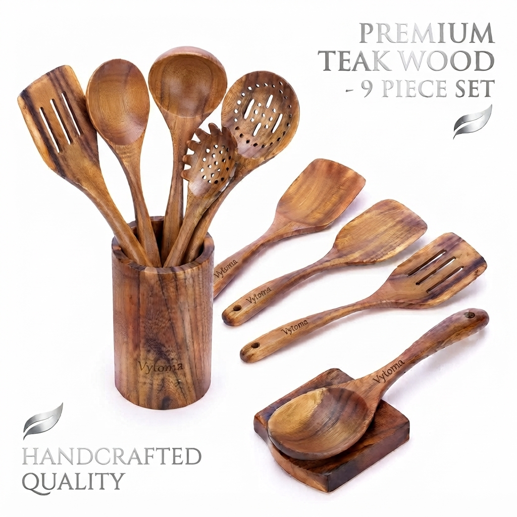 Teak Wood 9-Piece Kitchen Utensil Set with Spoon Rest