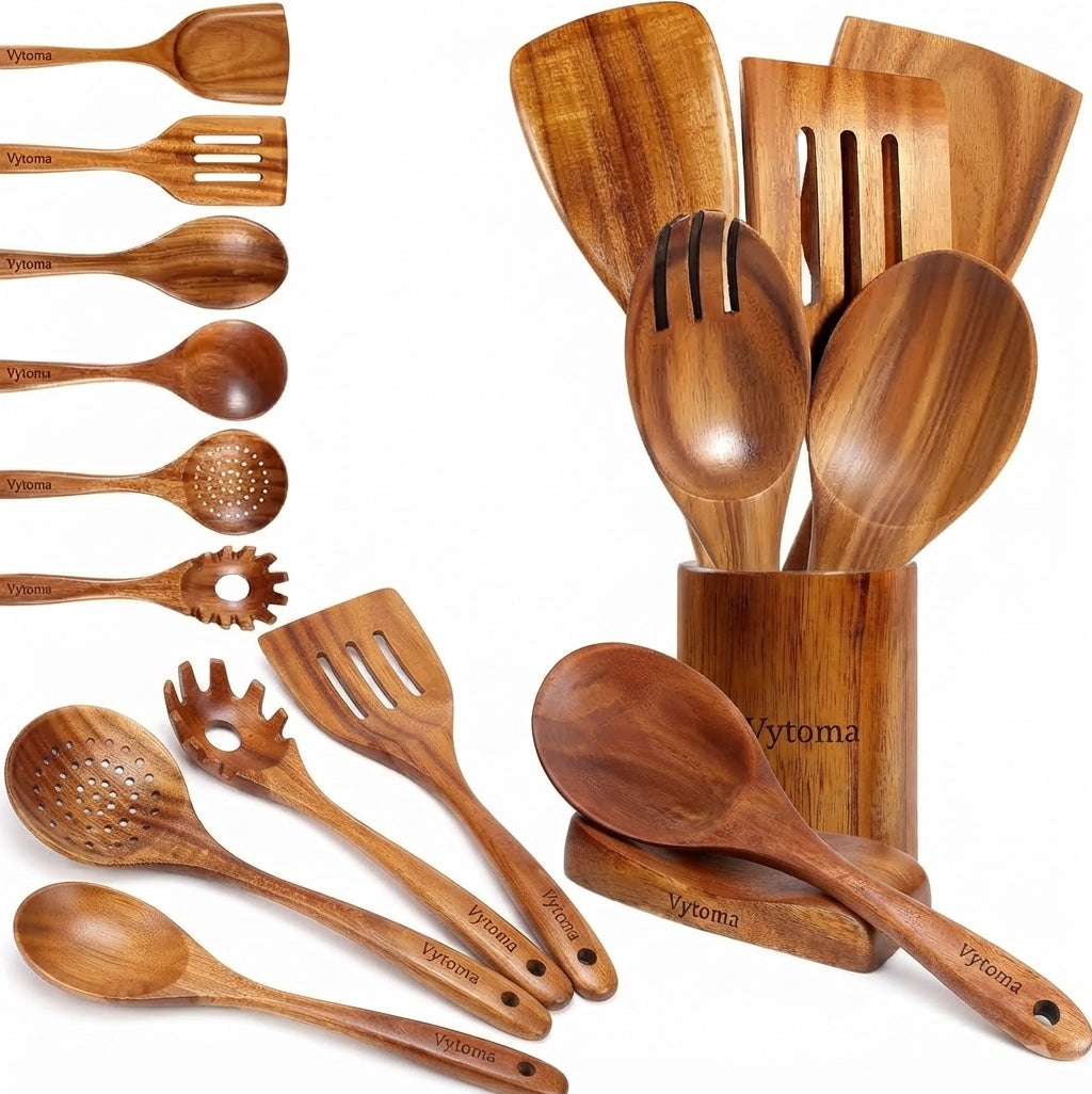 Teak Wood 9-Piece Kitchen Utensil Set with Spoon Rest