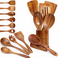Teak Wood 9-Piece Kitchen Utensil Set with Spoon Rest