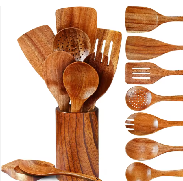 Teak Wood 9-Piece Kitchen Utensil Set with Spoon Rest