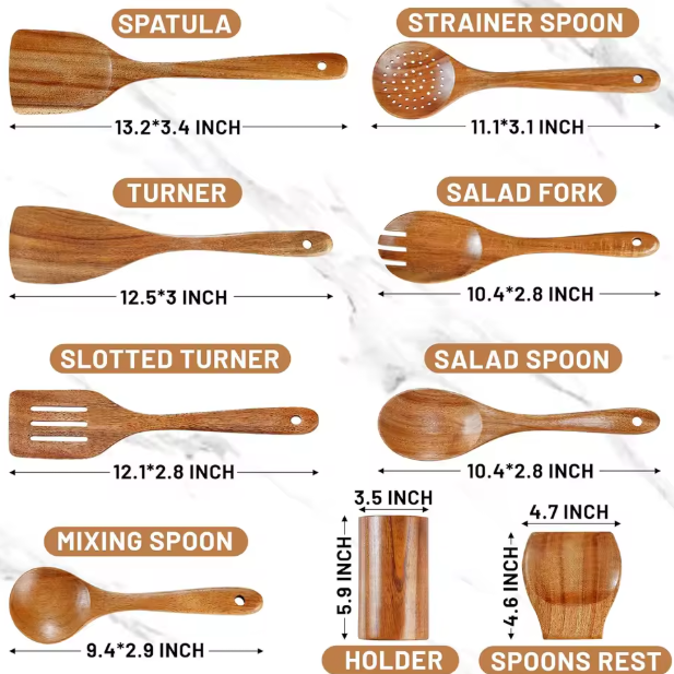 Teak Wood 9-Piece Kitchen Utensil Set with Spoon Rest