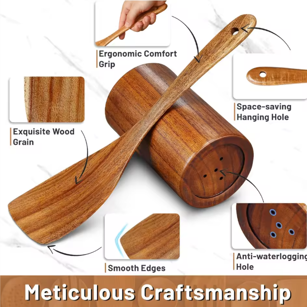 Teak Wood 9-Piece Kitchen Utensil Set with Spoon Rest