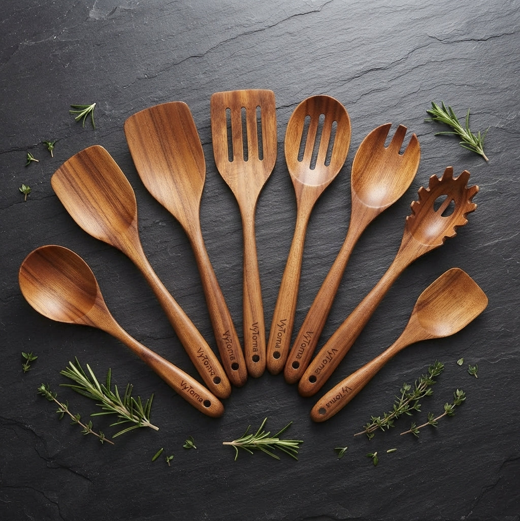 Teak Wood 9-Piece Kitchen Utensil Set with Spoon Rest