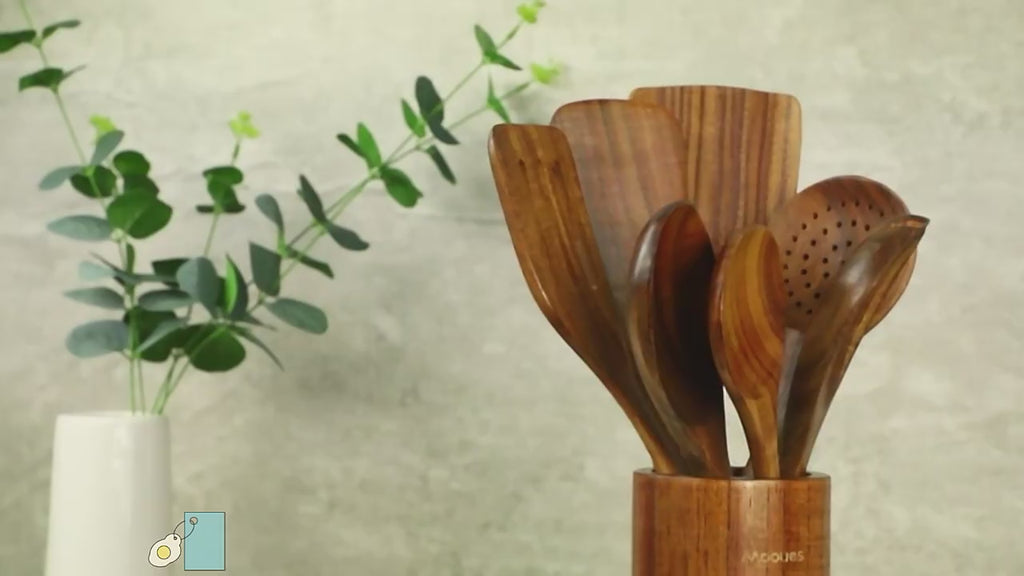 Teak Wood 9-Piece Kitchen Utensil Set with Spoon Rest